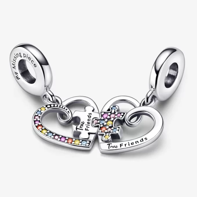 Breloque pendentif amitié en forme de cœurs divisés en pièces de puzzle Breloque pendentif amitié en forme de cœurs divisés en pièces de puzzle